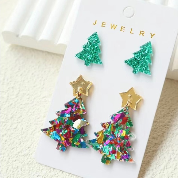 NWT 2 Christmas Tree Acrylic Earrings Green Glitter & Multi Color Confetti Foil - Picture 6 of 6
